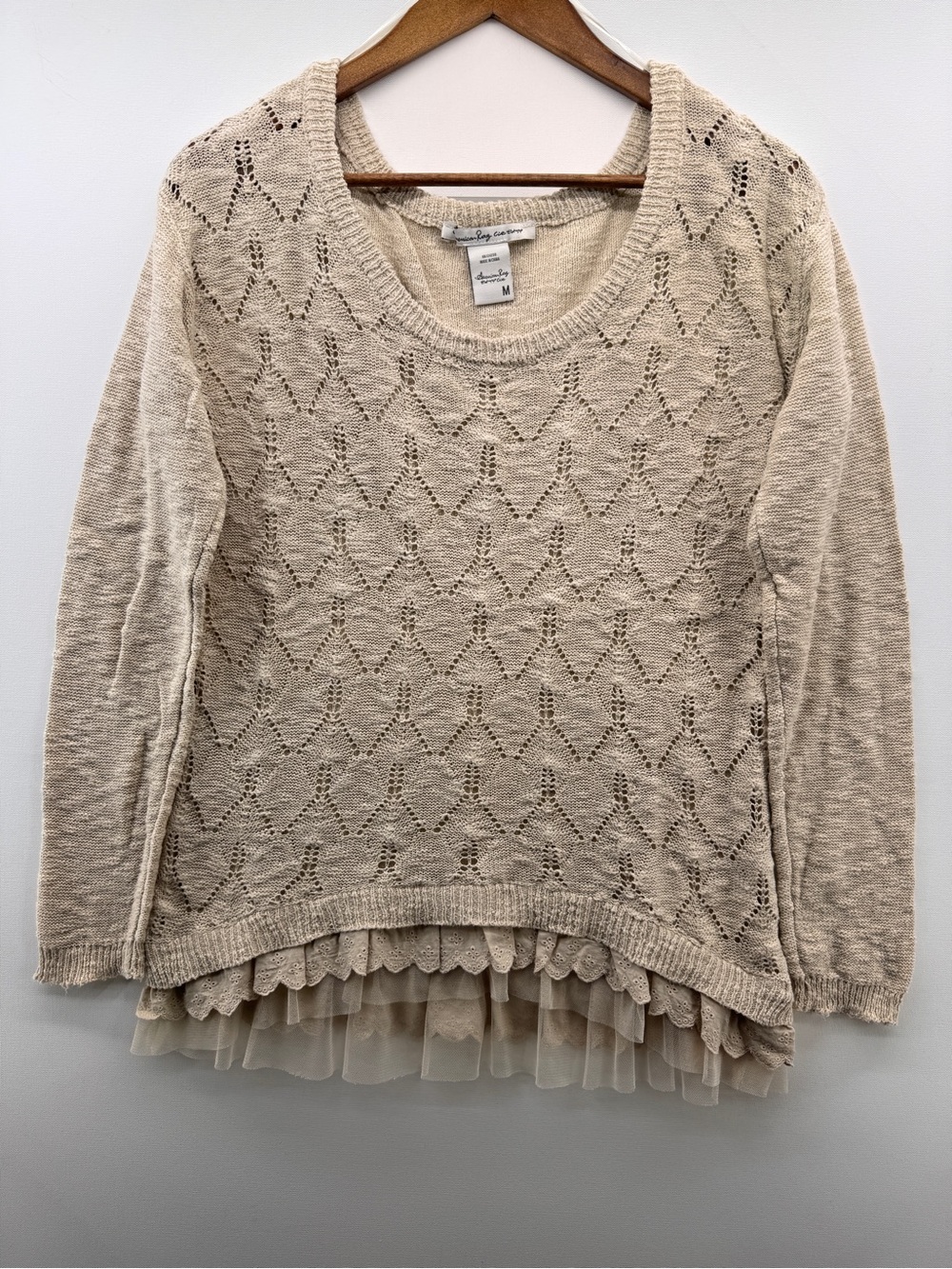 American Rag Cie Tan Open Knit Lace Tulle Ruffle Hem Sweater Size Medium
